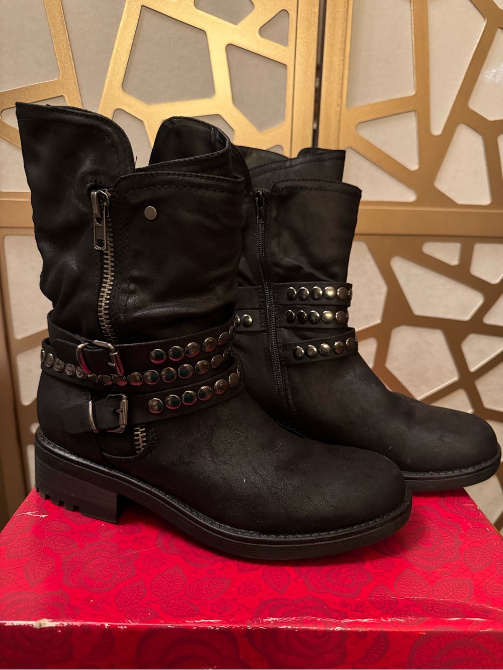 Carlos Santana Black Leather Studded Biker Ankle Boots Zip Buckle Block Heel 10M